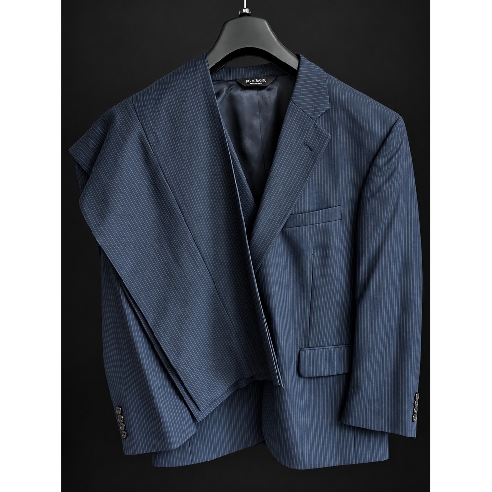 Jos A Bank Mens 2 Piece Suit 44S 39x31.5" Black 100% Wool Pinstripe Retro